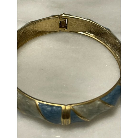 2 tone Alternating blue enamel Gold Tone clamper cuff bracelet - Picture 3 of 8